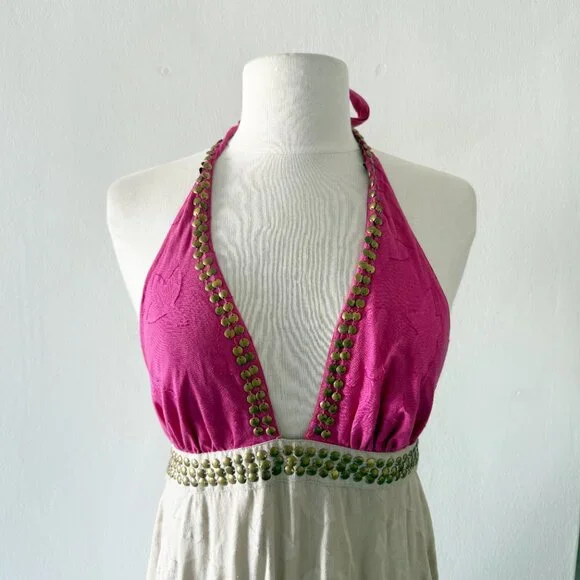 NEW ViX by Paula Hermanny Beige & Pink Halter Long Maxi Dress Size Small (S) - Picture 4 of 10